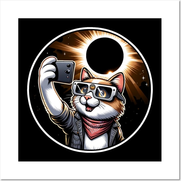 Eclipse Selfie Cat: Humorous Solar Eclipse 2024 Cartoon Cat Wall Art by starryskin